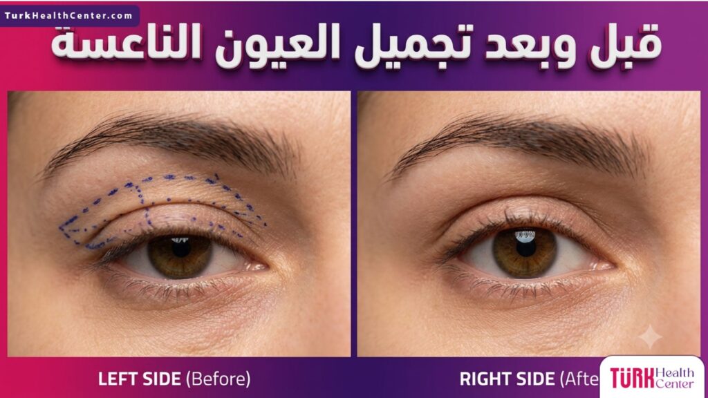 مقارنة قبل وبعد عملية تجميل العيون الناعسة توضح التخطيط الجراحي لرفع الجفن المتدلي والنتيجة النهائية لعين مشرقة وجذابة.