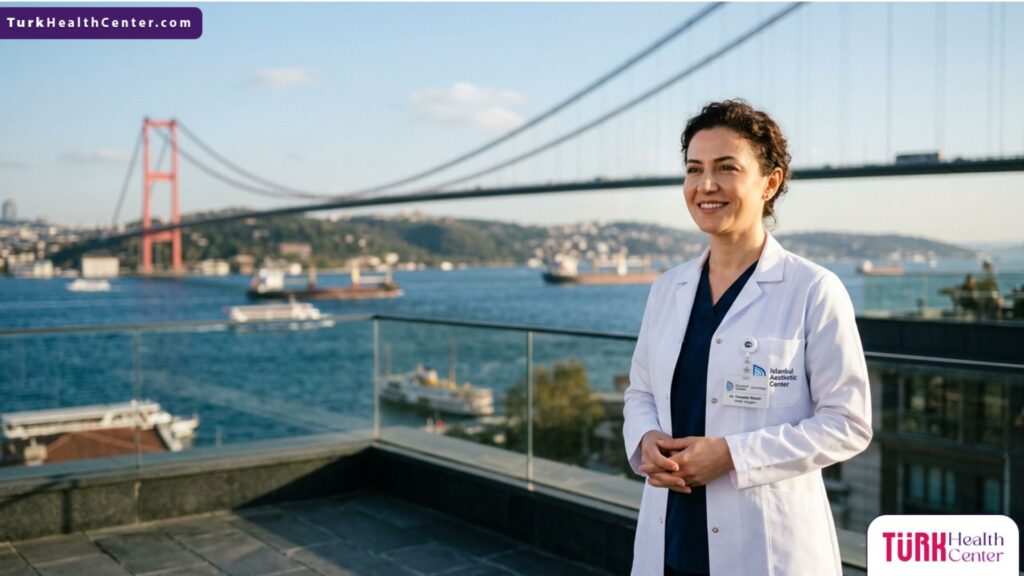 طبيب تجميل متخصص في تجميل العيون الناعسة يقف بثقة أمام جسر البوسفور في مدينة إسطنبول التركية.