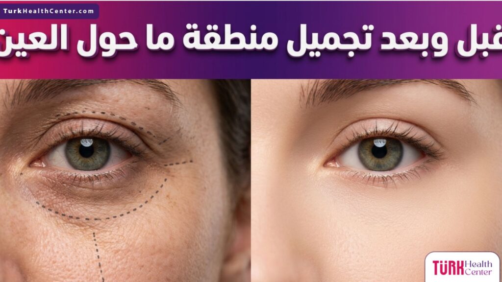 صورة مقسمة قبل وبعد توضح نتائج تجميل منطقة ما حول العين مع الخطوط الطبية الإرشادية.