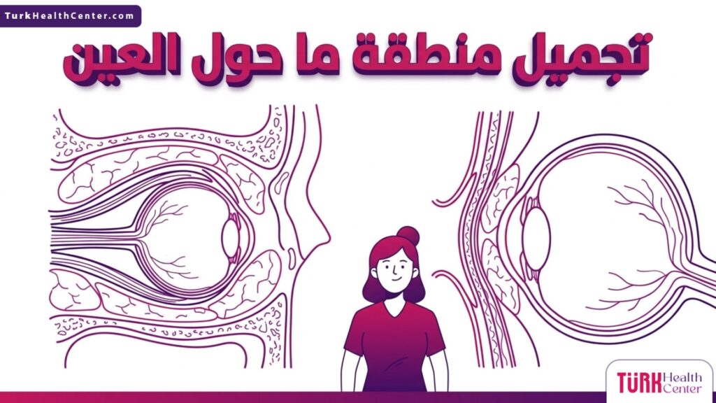 رسم بياني طبي يوضح التشريح الداخلي لإجراءات تجميل منطقة ما حول العين.