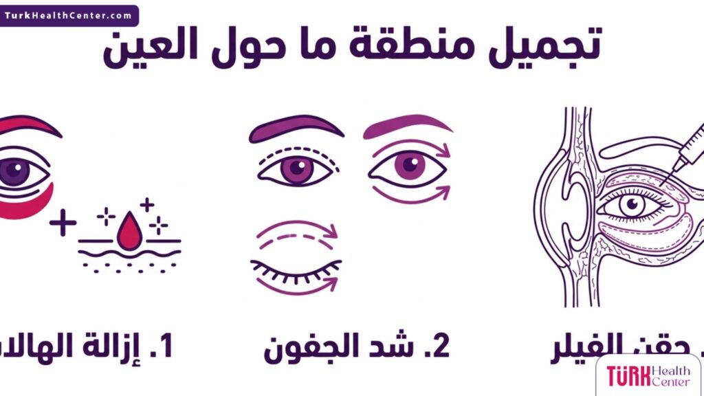 إنفوجرافيك طبي تفصيلي يوضح خطوات وتقنيات تجميل منطقة ما حول العين.