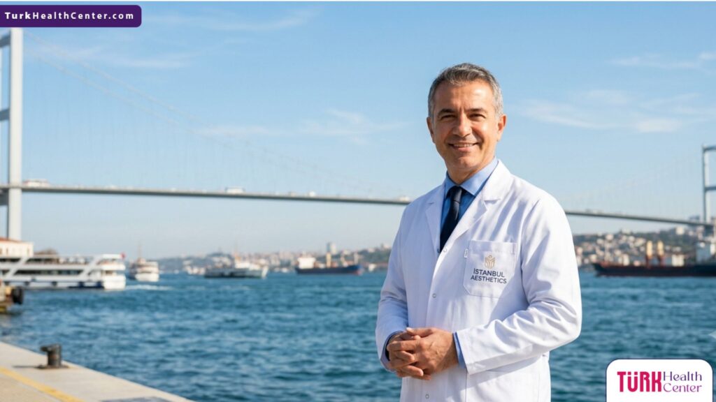 طبيب تجميل متخصص في تجميل منطقة ما حول العين يقف بثقة أمام جسر البوسفور في إسطنبول.