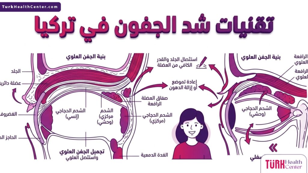رسم تشريحي طبي يوضح تركيبة العين وكيفية عمل تقنيات شد الجفون في تركيا