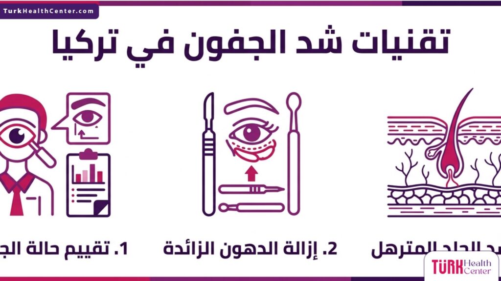 إنفوجرافيك يشرح الخطوات الأساسية المتبعة في تقنيات شد الجفون في تركيا