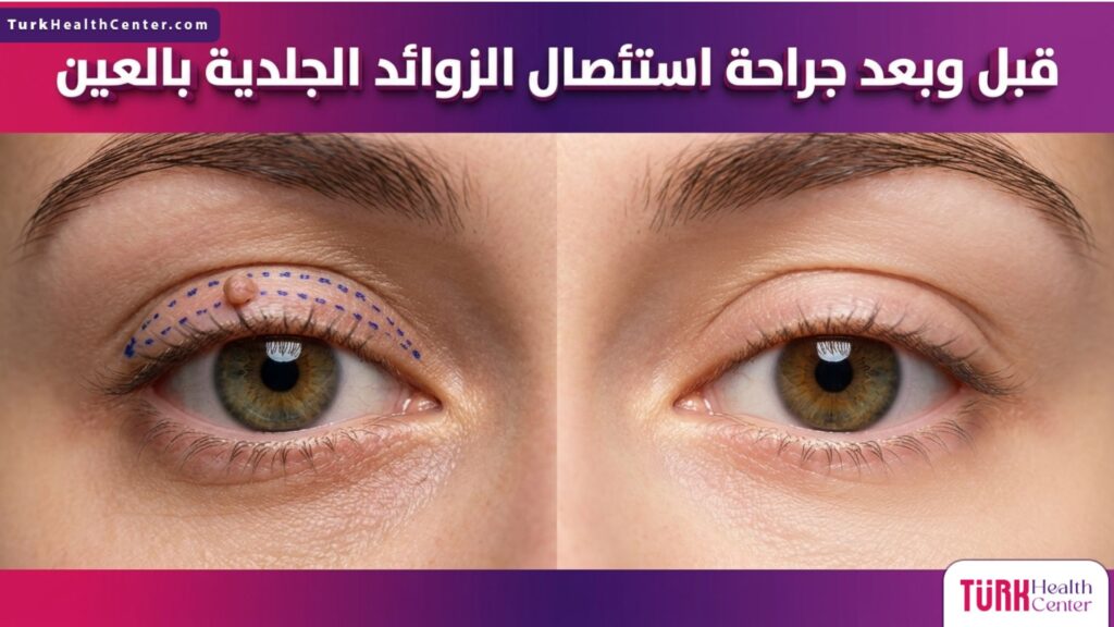 صورة مقسمة تظهر حالة الجفن قبل وبعد جراحة استئصال الزوائد الجلدية بالعين مع علامات التخطيط الطبي الدقيقة والنتيجة النهائية الصافية.