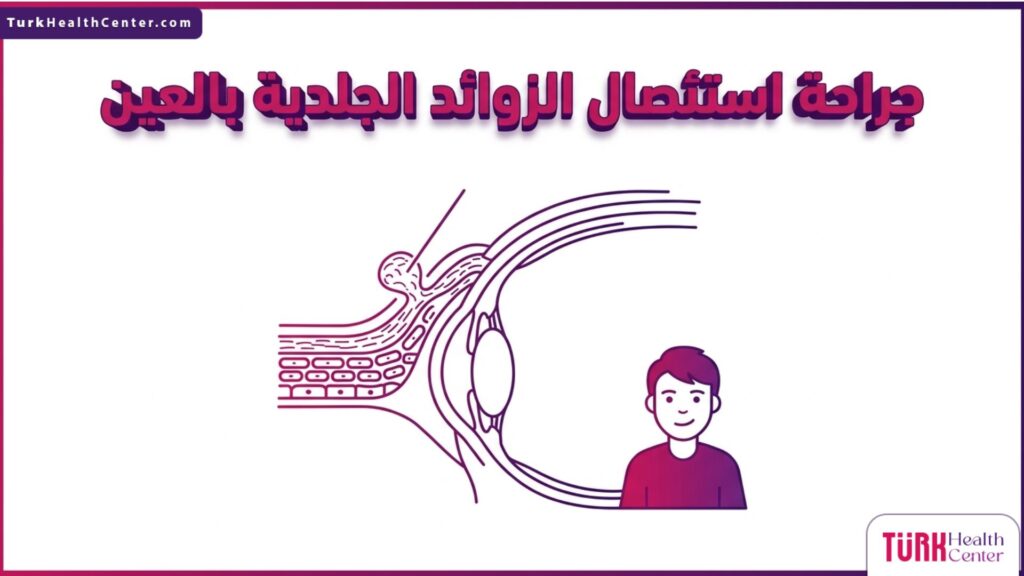 رسم إنفوجرافيك تشريحي دقيق يوضح الطبقات السطحية للجفن وكيفية إجراء جراحة استئصال الزوائد الجلدية بالعين بأمان.