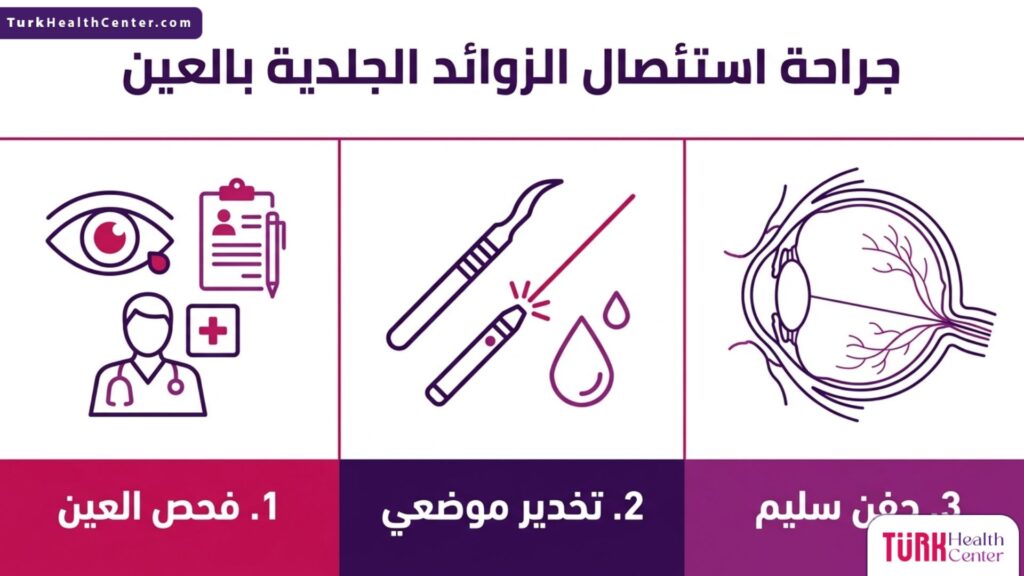 إنفوجرافيك طبي يوضح الخطوات الثلاث الأساسية في جراحة استئصال الزوائد الجلدية بالعين.