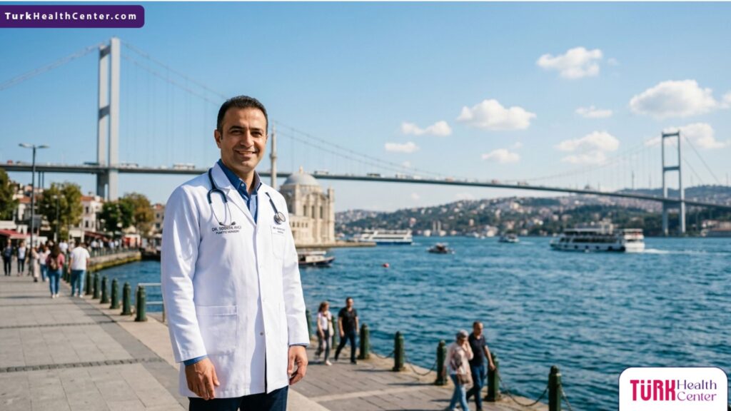 طبيب عيون وتجميل يقف بثقة أمام جسر البوسفور في إسطنبول، لتمثيل السياحة العلاجية في جراحة استئصال الزوائد الجلدية بالعين.