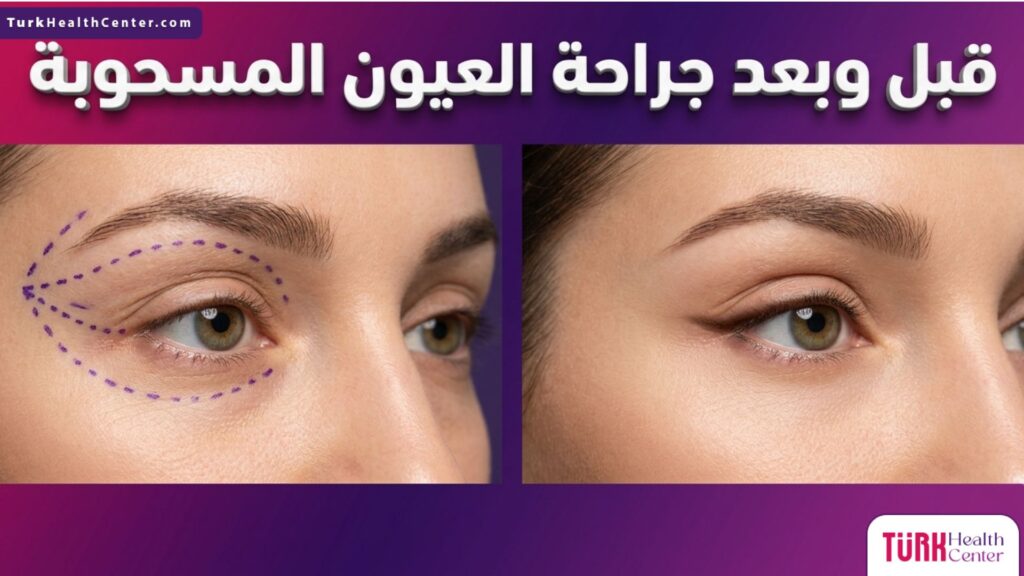 مقارنة قبل وبعد لإجراء جراحة العيون المسحوبة تظهر رفع وتجميل زاوية العين الخارجية بنتائج طبيعية وجذابة.
