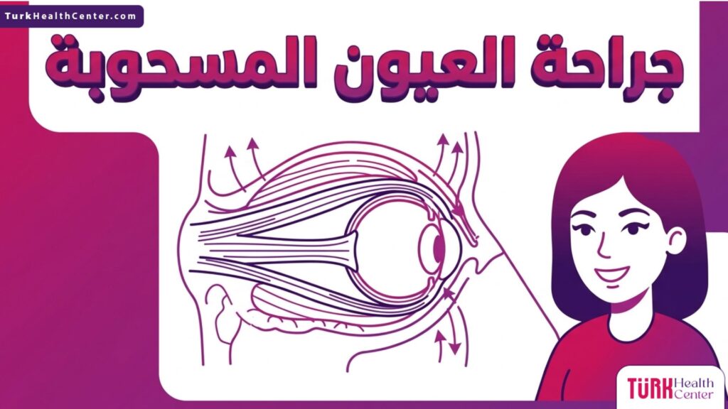 رسم توضيحي ثلاثي الأبعاد يشرح التشريح الداخلي والعلمي لآلية عمل جراحة العيون المسحوبة ورفع الجفن.
