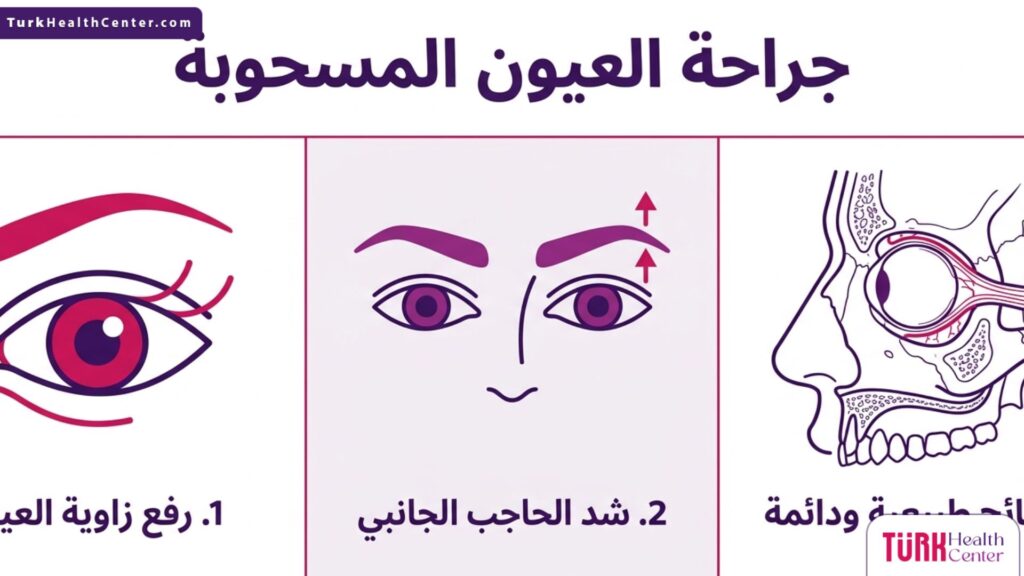 إنفوجرافيك طبي يوضح الخطوات والمفاهيم الأساسية المرتبطة بإجراء جراحة العيون المسحوبة.