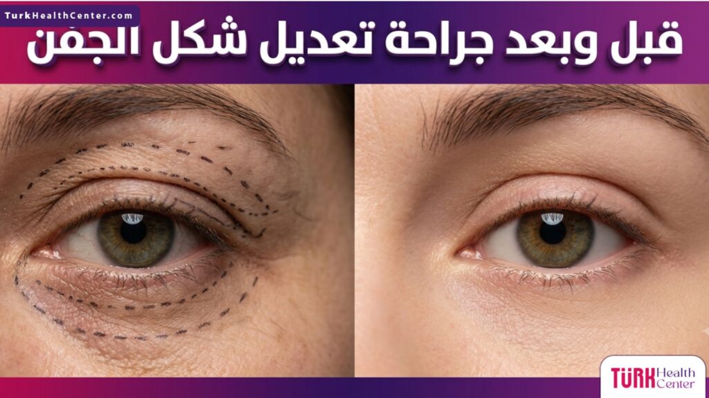 صورة تظهر الفرق الواضح في منطقة العين قبل وبعد جراحة تعديل شكل الجفن مع الخطوط الطبية التوجيهية للإجراء.