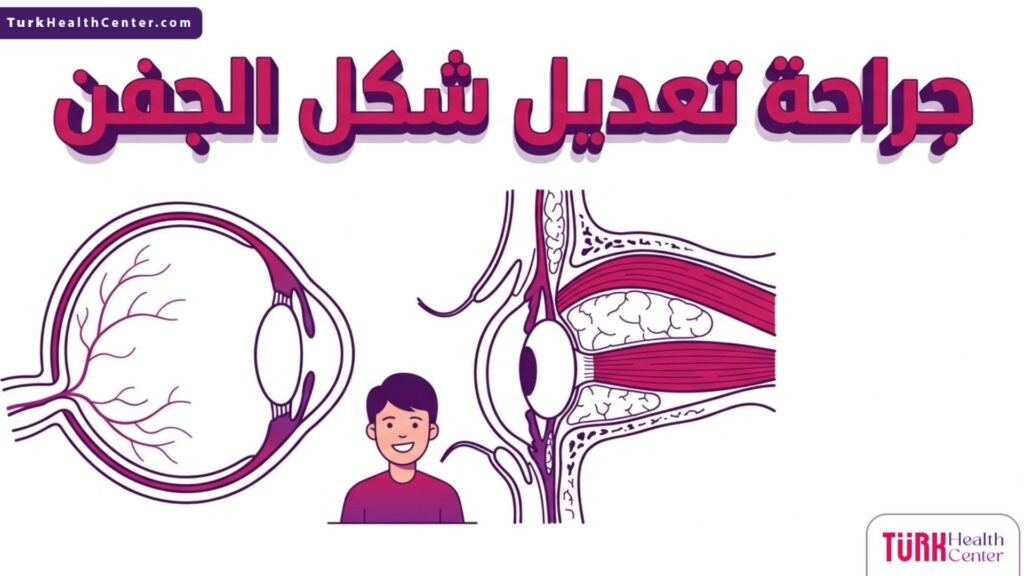 إنفوجرافيك طبي يوضح التركيب التشريحي لمنطقة العين والدهون المحيطة بها وكيفية إجراء جراحة تعديل شكل الجفن.