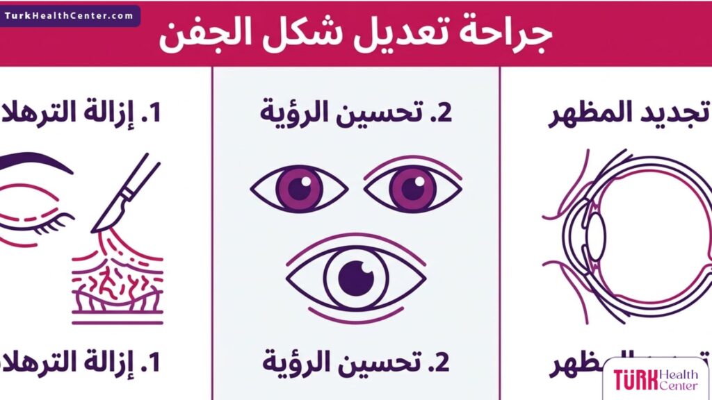 رسم بياني يوضح الفوائد الثلاثة الرئيسية لعملية جراحة تعديل شكل الجفن بما في ذلك إزالة الترهلات وتجديد المظهر.
