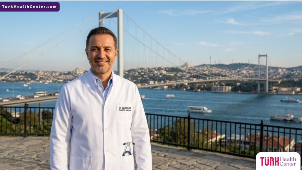 جراح تجميل متخصص في جراحة تعديل شكل الجفن يقف مبتسماً أمام جسر البوسفور في إسطنبول التركية بلقطة احترافية.