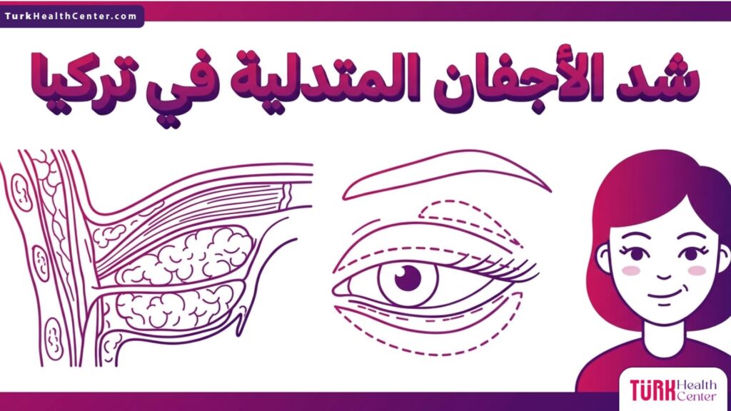 رسم بياني طبي يوضح التشريح الداخلي للعين وخطوات إجراء شد الأجفان المتدلية في تركيا بطريقة علمية دقيقة.
