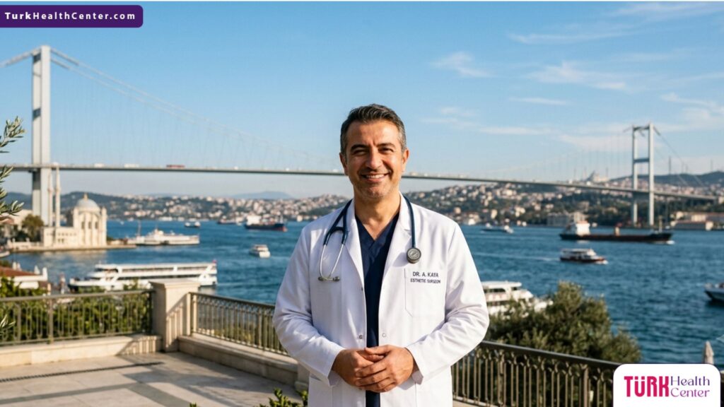 جراح تجميل خبير يقف أمام جسر البوسفور، رمزاً للتميز في جراحة شد الأجفان المتدلية في تركيا.