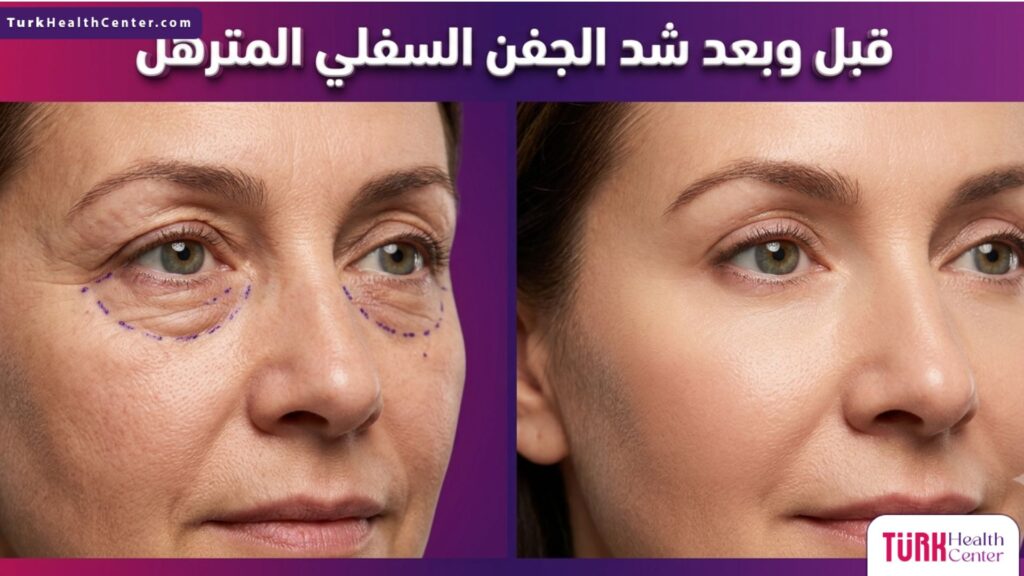 صورة واقعية مقسمة تعرض نتائج قبل وبعد إجراء جراحة شد الجفن السفلي المترهل، تبرز التخلص من الأكياس الدهنية والجلد الزائد.