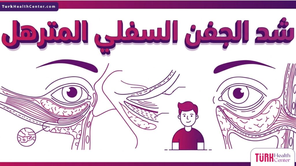 إنفوجرافيك تشريحي دقيق يوضح البنية الداخلية للعين وكيفية معالجة الجيوب الدهنية أثناء عملية شد الجفن السفلي المترهل.