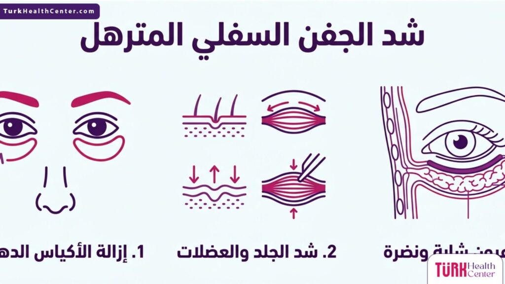 تصميم إنفوجرافيك طبي يوضح 3 خطوات أساسية لعملية شد الجفن السفلي المترهل.