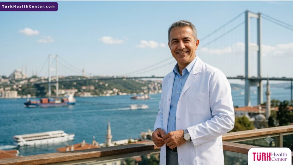 طبيب تجميل متخصص في جراحات شد الجفن السفلي المترهل يقف بثقة أمام جسر البوسفور في إسطنبول، تركيا.