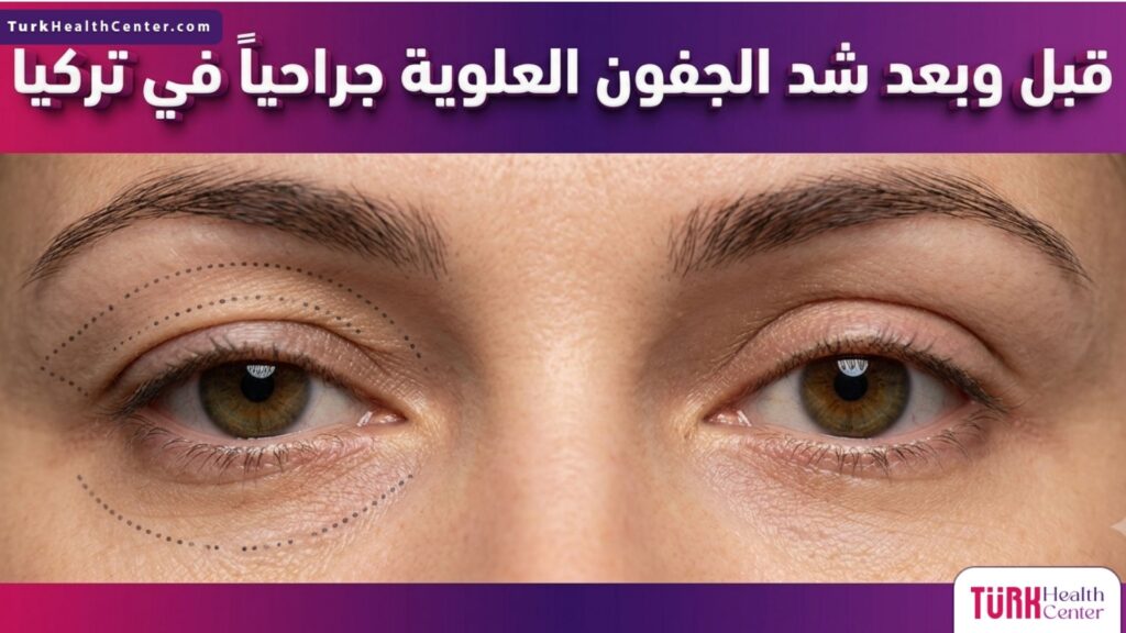 صورة مقسمة تظهر حالة العين قبل وبعد إجراء شد الجفون العلوية جراحياً في تركيا مع خطوط الجراحة التوضيحية.