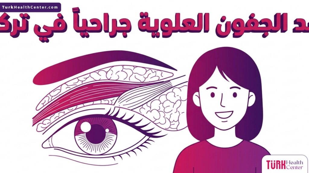 إنفوجرافيك تشريحي دقيق يوضح الطبقات العضلية والدهنية للعين وكيفية شد الجفون العلوية جراحياً في تركيا.
