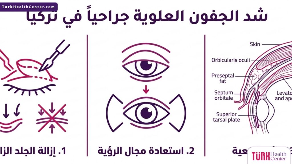 إنفوجرافيك يوضح الفوائد الثلاث الأساسية لعملية شد الجفون العلوية جراحياً في تركيا مع أيقونات طبية.