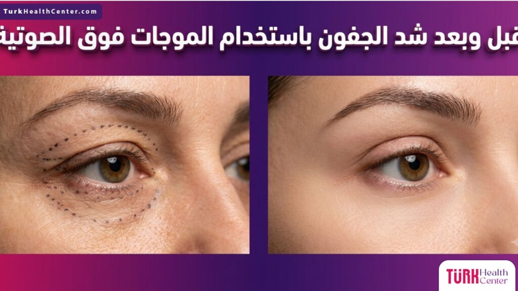صورة واقعية مقارنة قبل وبعد شد الجفون باستخدام الموجات فوق الصوتية تبرز النتائج المذهلة لرفع الترهلات وتحسين مظهر العين.