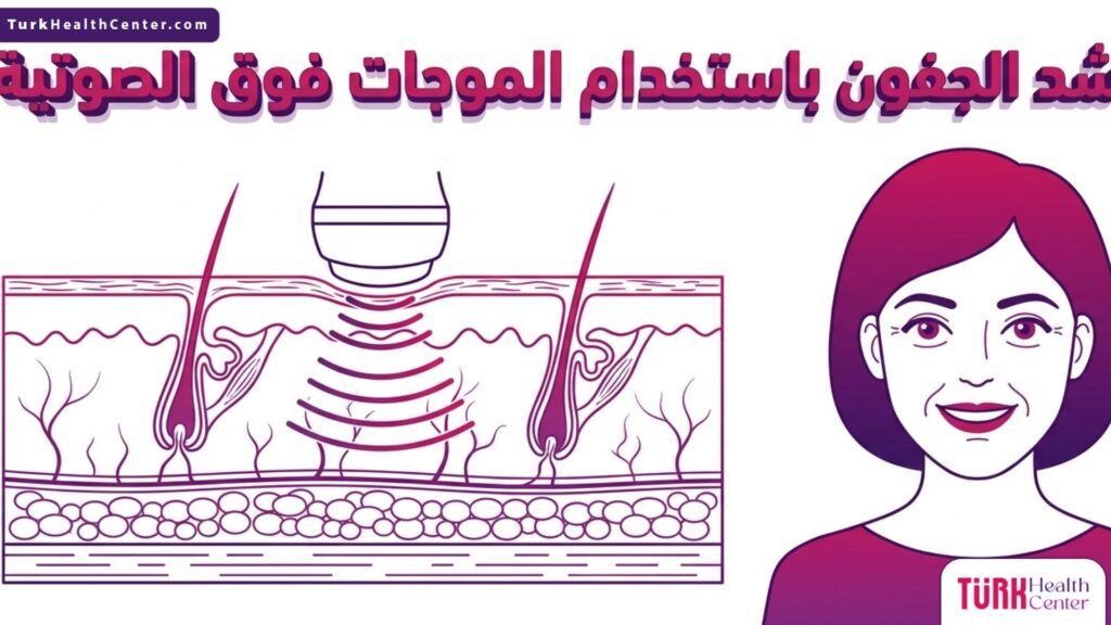 إنفوجرافيك طبي تشريحي ثلاثي الأبعاد يشرح بدقة علمية آلية عمل شد الجفون باستخدام الموجات فوق الصوتية وتأثيرها على طبقات الجلد.