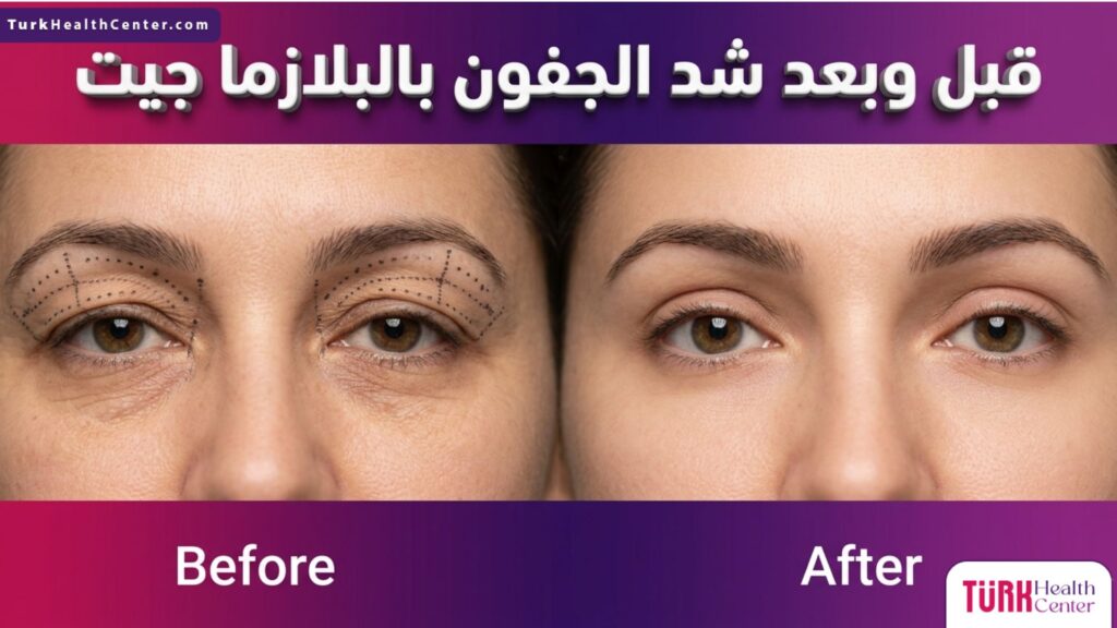صورة مقارنة تظهر منطقة العين قبل وبعد إجراء شد الجفون بالبلازما جيت مع توضيح النقاط الطبية المحددة بدقة.
