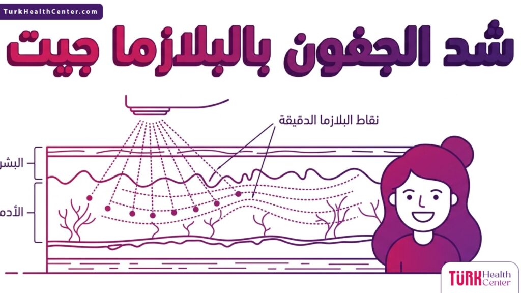 إنفوجرافيك طبي تشريحي يوضح كيفية عمل جهاز شد الجفون بالبلازما جيت على طبقات الجلد لتحفيز الكولاجين.