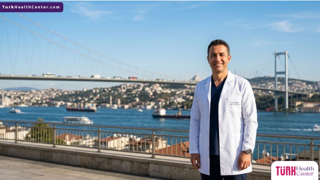 طبيب تجميل متخصص في شد الجفون بالبلازما جيت يقف بثقة أمام جسر البوسفور في إسطنبول، تركيا.