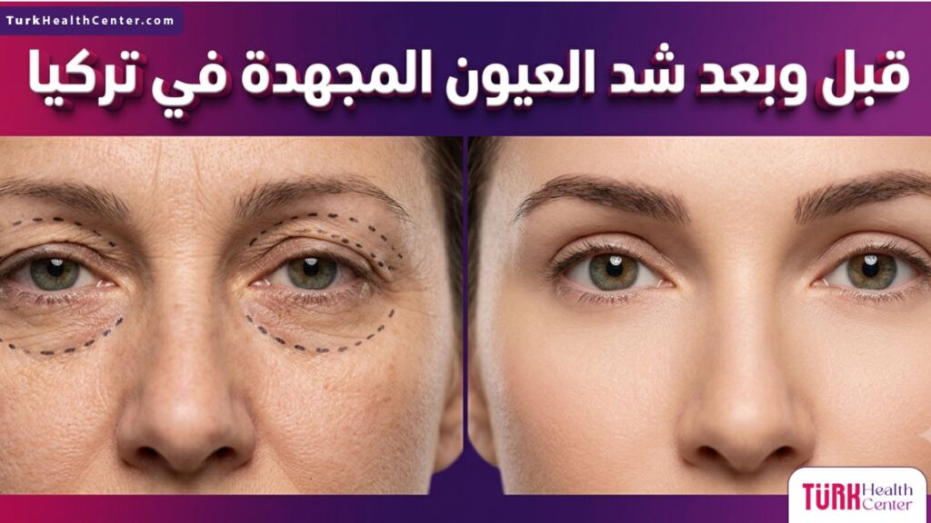صورة مقسمة توضح نتيجة قبل وبعد عملية شد العيون المجهدة في تركيا مع علامات التحديد الطبي للعملية.