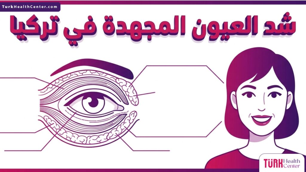 إنفوجرافيك تشريحي متجه يوضح التفاصيل العلمية والأنسجة المحيطة بالعين لعملية شد العيون المجهدة في تركيا.