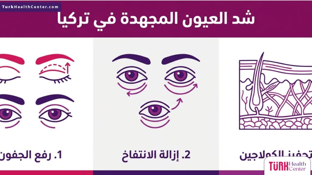 إنفوجرافيك مقسم لثلاثة محاور علمية تشرح خطوات ومزايا شد العيون المجهدة في تركيا.