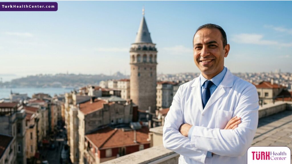 جراح تجميل متخصص في شد العيون المجهدة في تركيا يقف أمام برج غلاطة الشهير في اسطنبول.