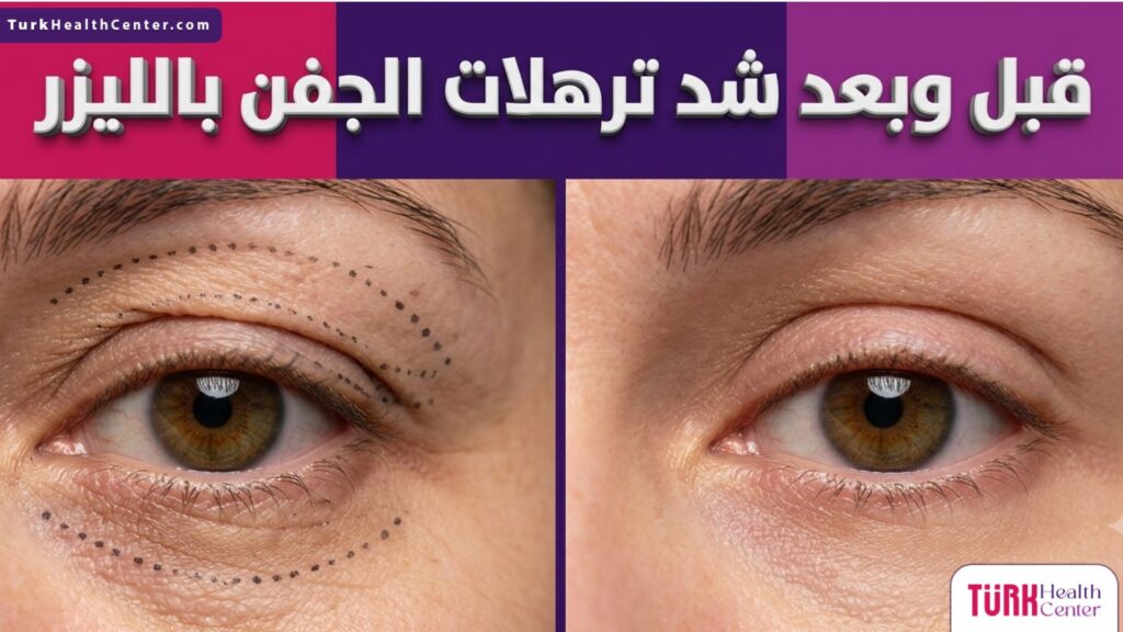 مقارنة قبل وبعد شد ترهلات الجفن بالليزر تظهر تخطيط الجفون قبل الإجراء والنتيجة النهائية لعيون مشدودة وأكثر شباباً.