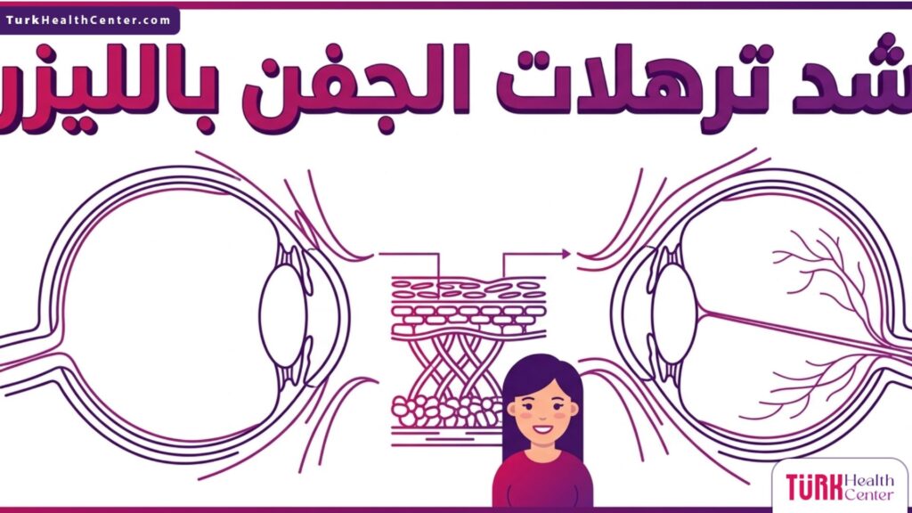 رسم تشريحي علمي يوضح كيفية عمل طبقات الجلد أثناء شد ترهلات الجفن بالليزر لتحفيز الكولاجين بأمان تام.