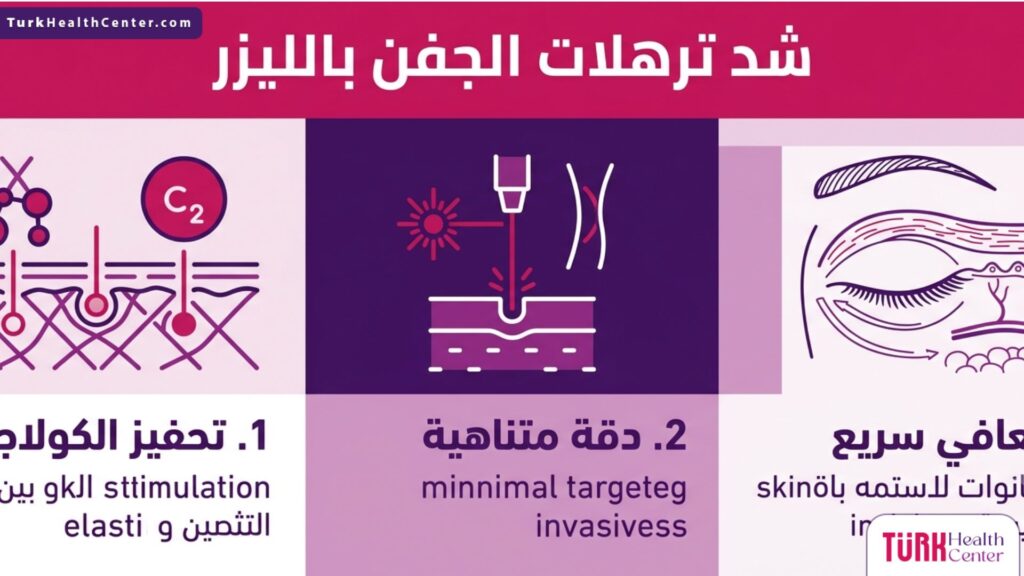 إنفوجرافيك طبي يسلط الضوء على 3 ميزات أساسية لتقنية شد ترهلات الجفن بالليزر بدون جراحة.