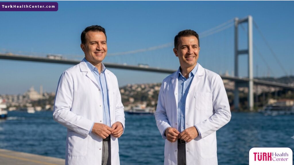 طبيب تجميل متخصص في شد ترهلات الجفن بالليزر يقف بثقة أمام جسر البوسفور في إسطنبول، تركيا.