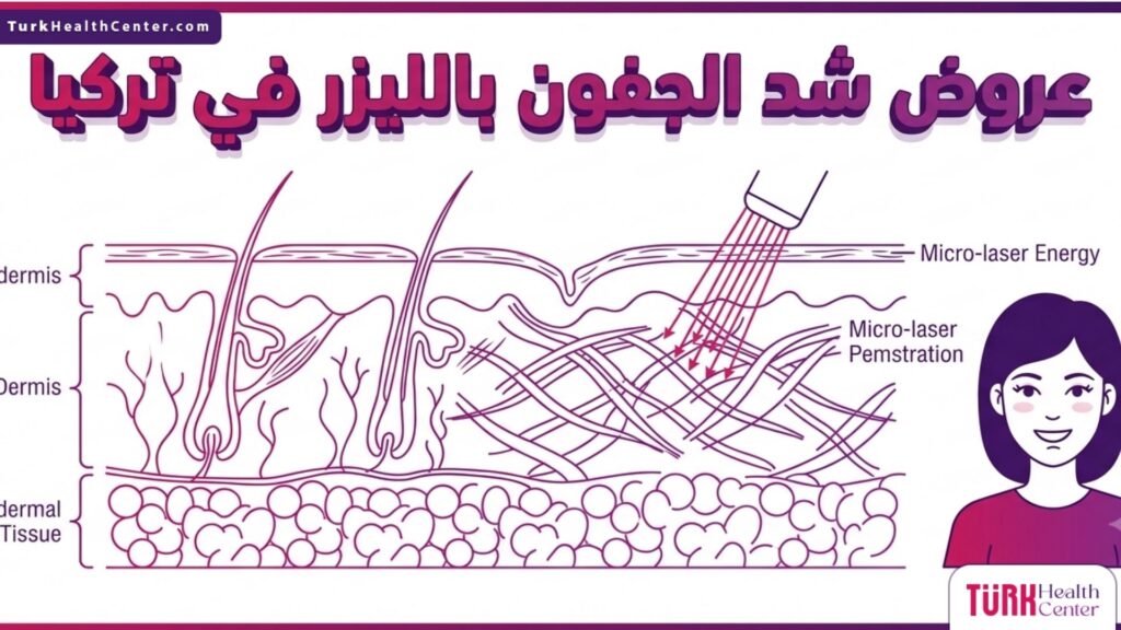 إنفوجرافيك طبي توضيحي يشتمل على تشريح طبقات الجلد وتقنية عروض شد الجفون بالليزر في تركيا
