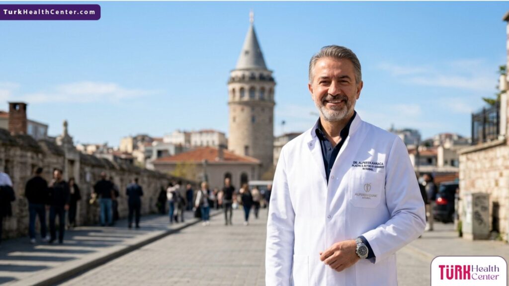 طبيب تجميل مختص أمام برج غلاطة في اسطنبول يمثل عروض شد الجفون بالليزر في تركيا