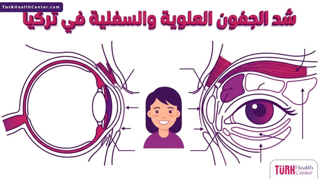 رسم بياني طبي يوضح التشريح الداخلي لعضلات العين والدهون المرتبطة بعملية شد الجفون العلوية والسفلية في تركيا.