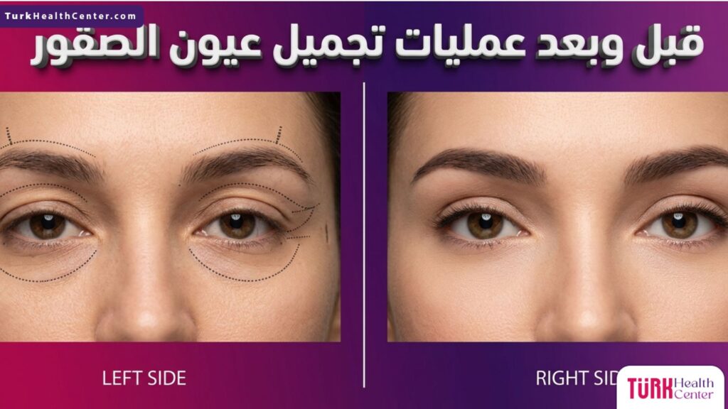 صورة مقسمة تظهر حالة العين قبل وبعد عمليات تجميل عيون الصقور مع تحديد زوايا الجفون
