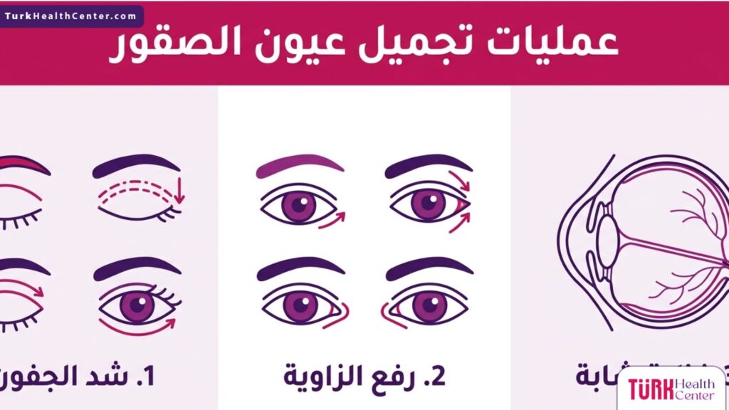 مخطط تعليمي يوضح الخطوات الثلاث الأساسية في عمليات تجميل عيون الصقور