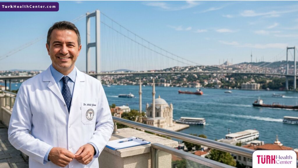 طبيب جراحة تجميل متخصص في عمليات تجميل عيون الصقور يقف أمام جسر البوسفور في إسطنبول
