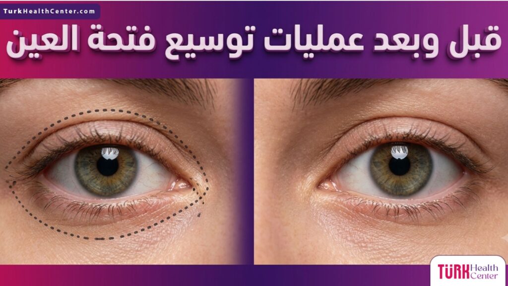 مقارنة قبل وبعد لإجراء عمليات توسيع فتحة العين توضح الخطوط الجراحية والنتيجة النهائية الجذابة.