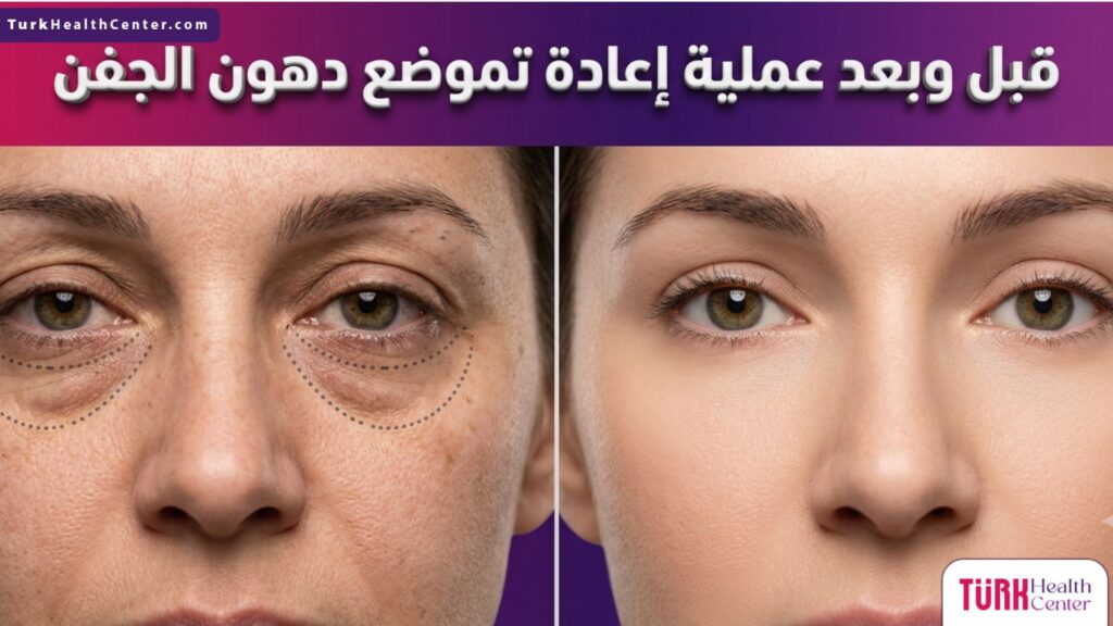 مقارنة توضيحية لنتائج قبل وبعد عملية إعادة تموضع دهون الجفن تظهر اختفاء الانتفاخات