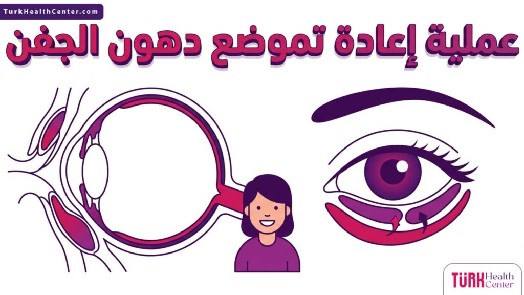 إنفوجرافيك تشريحي يوضح التركيب الداخلي للعين خلال عملية إعادة تموضع دهون الجفن